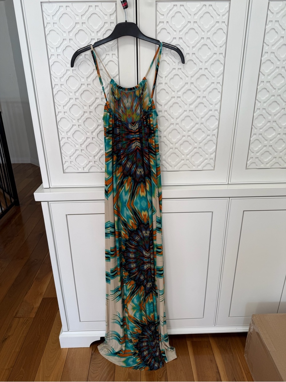 VERONICOM  Bohemian Teal and Beige Maxi Dress with Abstract Print